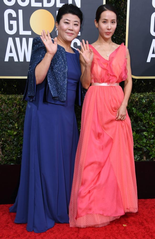 South Korean actresses Jeong-eun Lee (L) and Yeo-jeong Jo arrive for the 77th annual Golden Globe Awards on January 5, 2020, at The Beverly Hilton hotel in Beverly Hills, California. (Photo by VALERIE MACON / AFP)