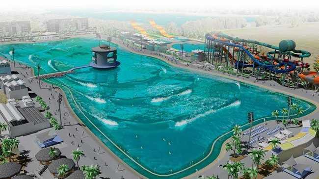 ON A ROLL: An artist's impression of the wave pool. Surf lakes utilises a mechanism located in the centre of the pool. This fires off a wave in a ring shape toward multiple waves located all around the pools edge, leading to the much higher wave count."