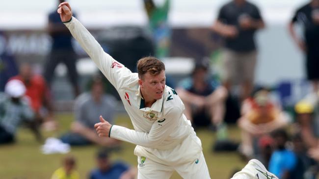 GALLE, SRI LANKA - FEBRUARY 01: Matthew Kuhnemann of Australia bowls during day four of the First Test match in the series between Sri Lanka and Australia at Galle International Stadium on February 01, 2025 in Galle, Sri Lanka.  (Photo by Buddhika Weerasinghe/Getty Images)