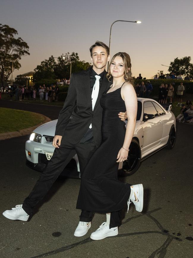 Maddex Acton and Ashleigh Jeans arrive at Harristown State High School formal at Highfields Cultural Centre, Friday, November 18, 2022. Picture: Kevin Farmer