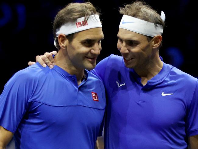 LONDON, ENGLAND - SEPTEMBER 23: Roger Federer and Rafael Nadal of Team Europe interact during the doubles match between Jack Sock and Frances Tiafoe of Team World and Roger Federer and Rafael Nadal of Team Europe during Day One of the Laver Cup at The O2 Arena on September 23, 2022 in London, England. (Photo by Clive Brunskill/Getty Images for Laver Cup)