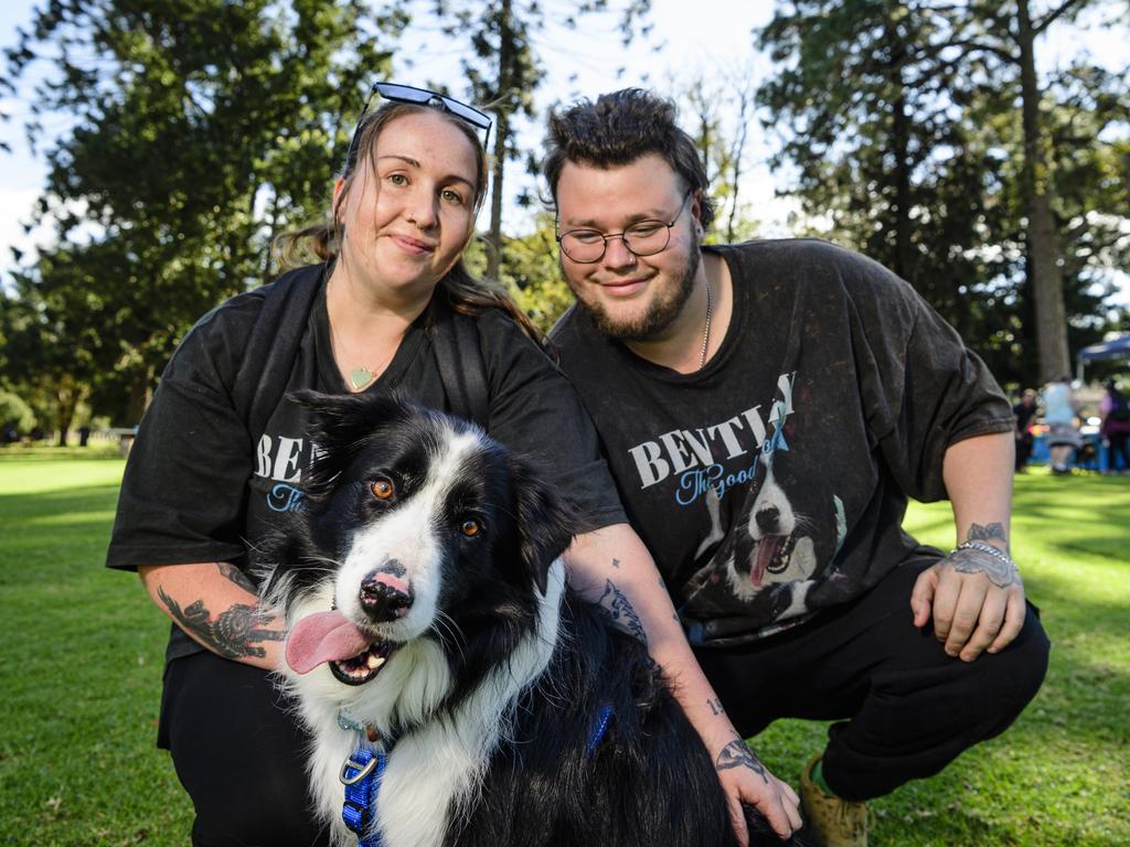 Bentley with owners Annalee Gimm and Bradley Montgomery at the Million Paws Walk in Queens Park, Sunday, May 25, 2025. Picture: Kevin Farmer