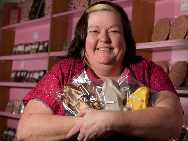 Rebecca Day, who has opened her own chocolate shop at Christies Beach with lots of cool and quirky gift ideas, like chocolate lego blocks in Adelaide, Monday, November 27, 2017. (AAP Image/ Morgan Sette)