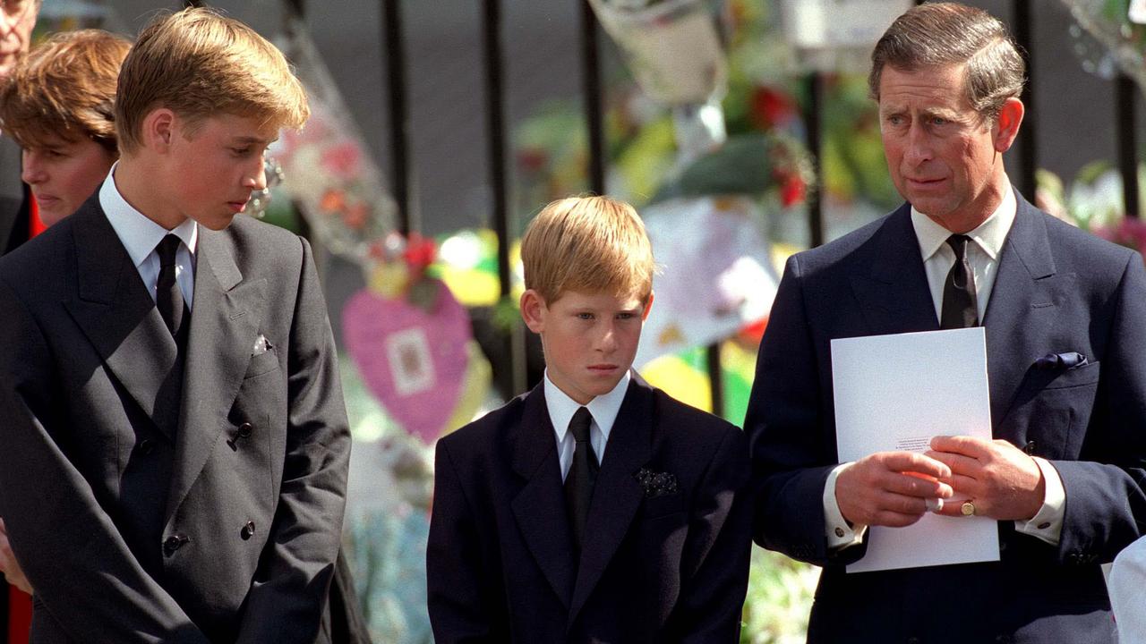 The Prince of Wales with Prince William and Prince Harry outside Westminster Abbey at the funeral of Diana. Picture: Anwar Hussein/WireImage