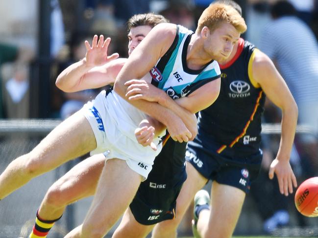 Willem Drew of the Power during an AFL pre-season hit out match between the Adelaide Crows and the Port Adelaide Power at Thebarton Oval in Adelaide, Saturday, February 29, 2020. (AAP Image/David Mariuz) NO ARCHIVING, EDITORIAL USE ONLY