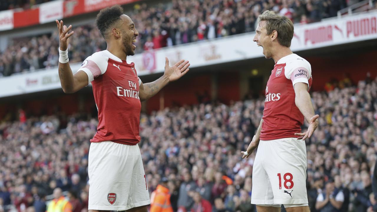 Pierre-Emerick Aubameyang celebrates after scoring for Arsenal.