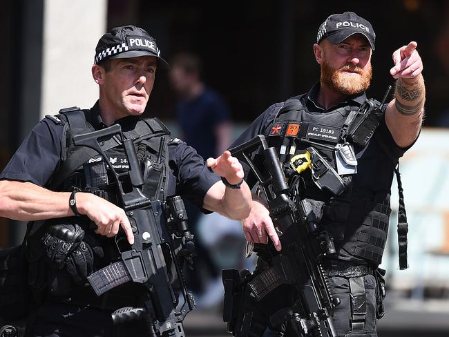 Police stand guard near Manchester Arena on Tuesday after the attack. Picture: Jeff J Mitchell/Getty Images