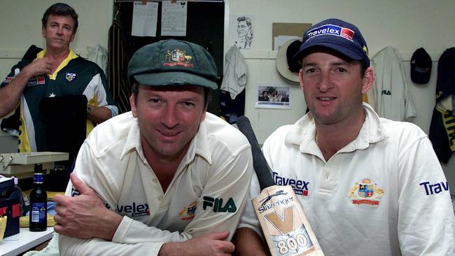 Cricketer Steve Waugh (left) with brother Mark during the Fifth Ashes Test in 2001.