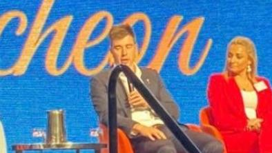 Zach Merrett speaking at the function last Friday alongside Neroli Meadows, Sarah Hosking and Anthony Koutoufides. (Picture: supplied)