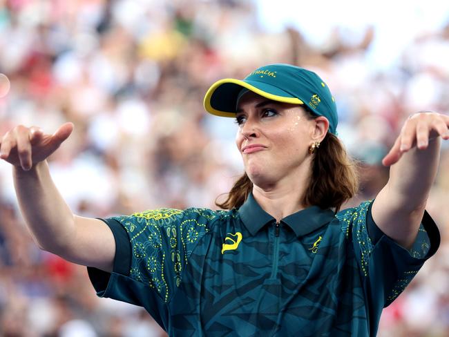 PARIS, FRANCE - AUGUST 09: B-Girl Raygun of Team Australia  reacts during the B-Girls Round Robin - Group B on day fourteen of the Olympic Games Paris 2024 at Place de la Concorde on August 09, 2024 in Paris, France. (Photo by Elsa/Getty Images)