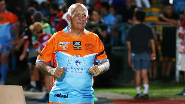 Cairns Mayor Bob Manning runs out onto Barlow Park for the Legends of League rugby league match. Cr Manning says Cairns could have a seat at the table of PNG’s NRL bid. PICTURE: BRENDAN RADKE