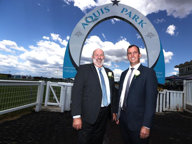 Aquis Park Turf Club CEO Steve Lines ( left ) and Racing Manager Ian Brown at The Gold Coast Turf Club. Photograph: Jason O'Brien