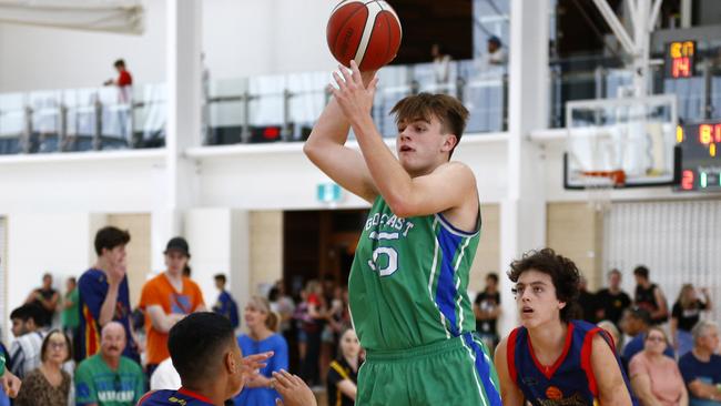 Reuben Nicholas of the GC Waves in their game against the Brisbane Capitals during the QLD basketball championships on the Gold Coast. Picture: Tertius Pickard