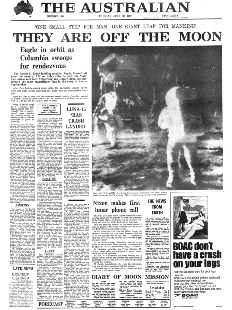 The Australian dated July 21, 1969 was being thrown over suburban fences around the nation at 6.17am AEST when Armstrong took his first steps on the moon. And so it was on July 22 that our readers got their first pictures of the astronauts on the lunar surface.