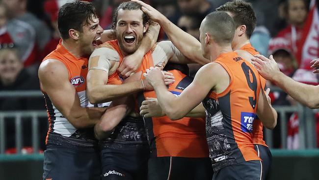 The Giants celebrate a goal against Sydney last time they met. Picture. Phil Hillyard