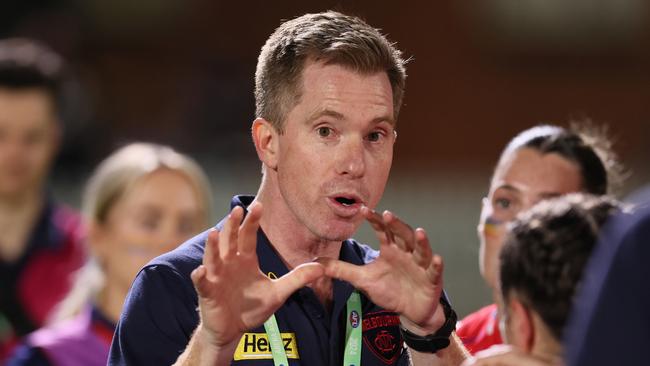 Melbourne coach Mick Stinear says there’s a ‘delicate balance’ between prioritising competitiveness in games and giving fans an enjoyable experience. Picture: James Elsby / Getty Images