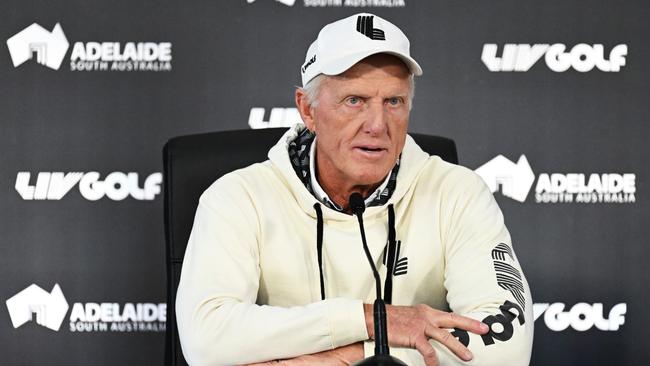 ADELAIDE, AUSTRALIA - APRIL 20: Greg Norman Commissioner and CEO of LIV Golf speaks during the press conference with Cameron Smith captain of the Ripper GC and SA Premier Peter Malinauskas ahead of Liv Golf Adelaide at The Grange Golf Club on April 20, 2023 in Adelaide, Australia. (Photo by Mark Brake/Getty Images)