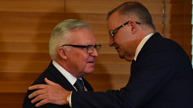 Anthony Albanese, right, and Chris Hayes in the Labor Caucus room at Parliament House in Canberra on Wednesday. Picture: Getty Images