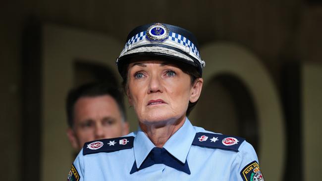 NSW Police Commissioner Karen Webb has said strike forces investigating the alleged stabbing of a Sydney bishop and the resulting riots that followed have been bolstered, following chaotic scenes where multiple police were injured. Picture: NCA Newswire / Gaye Gerard