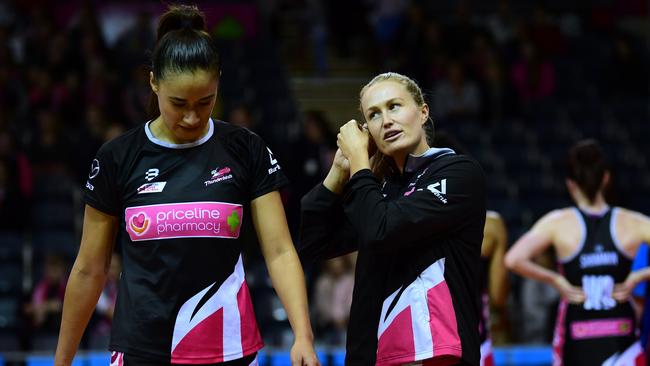 Maria Folau and Chelsea Pitman of the Thunderbirds after losing to the Vixens. Picture: Mark Brake/Getty Images