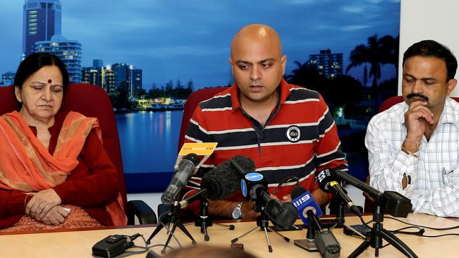 Sam Dhody’s distraught family — mother Sushma and brothers Sanjeev and Vivek — at a press conference last year after his murder.