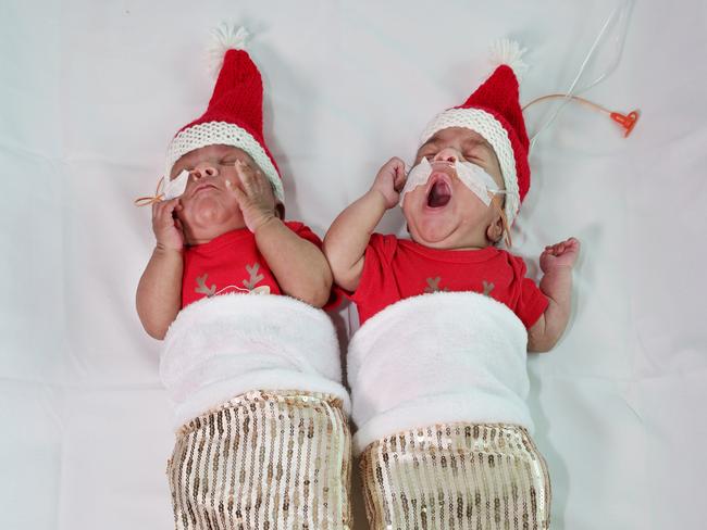 Miracle babies celebrate first Christmas at home after 100 days in hospital. Picture: SuppliedBorn 16 weeks early at Mater Mothers' Hospital at South Brisbane, Aaliya and Aashay  will enjoy Christmas at home
