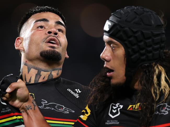 Jarome Luai (R) said Taylan May’s arrest was not to blame for Penrith’s Magic Round loss. Picture: Cameron Spencer/Getty Images