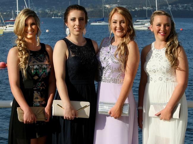 L to R: Megan Blackwell, Cassie Booth, Montanna Cate and Holly Scott at the Dominic School formal held at Wrest Point Casino on Monday 1 December Pic: Carolyn Docking