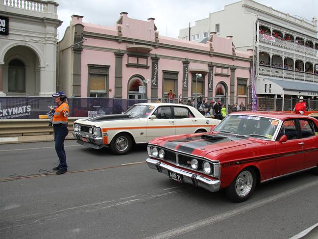 Two Ford GT Falcons face off against each other in the Rockynats Drags on Quay Street. Picture: Rodney Stevens