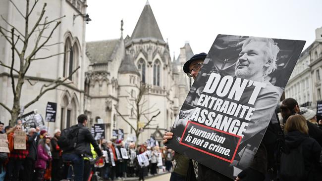 Assange supporters outside London’s Royal Courts of Justice. Picture: Getty Images