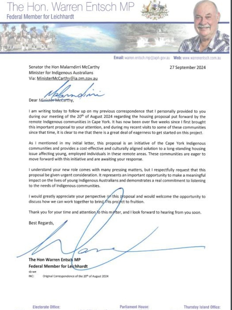 A letter from Leichhardt MP Warren Entsch to the Minister for Indigenous Australians asking the minister to follow up on earlier correspondence in relation to Indigenous housing proposals.