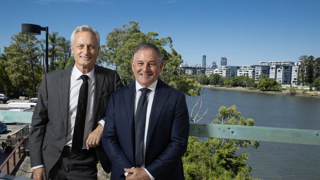 Builder Scott Hutchinson and developer Don O’Rorke on site at their new Monarch development at Toowong. Picture Lachie Millard