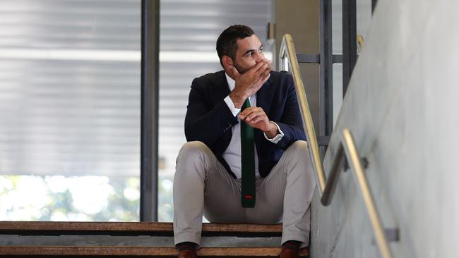 Greg Inglis on a stairwell in the moments before announcing his retirement. Picture: Brett Costello