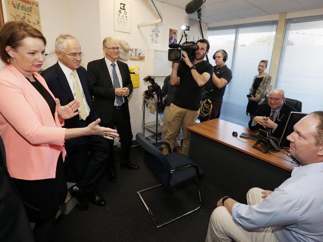 Prime Minister Malcolm Turnbull, Health Minister Sussan Ley and Dr Steve Hambleton met patient Michael Hartmann and his GP Dr Antionio Di Dio in Canberra on Thursday. Picture: Andrew Meares