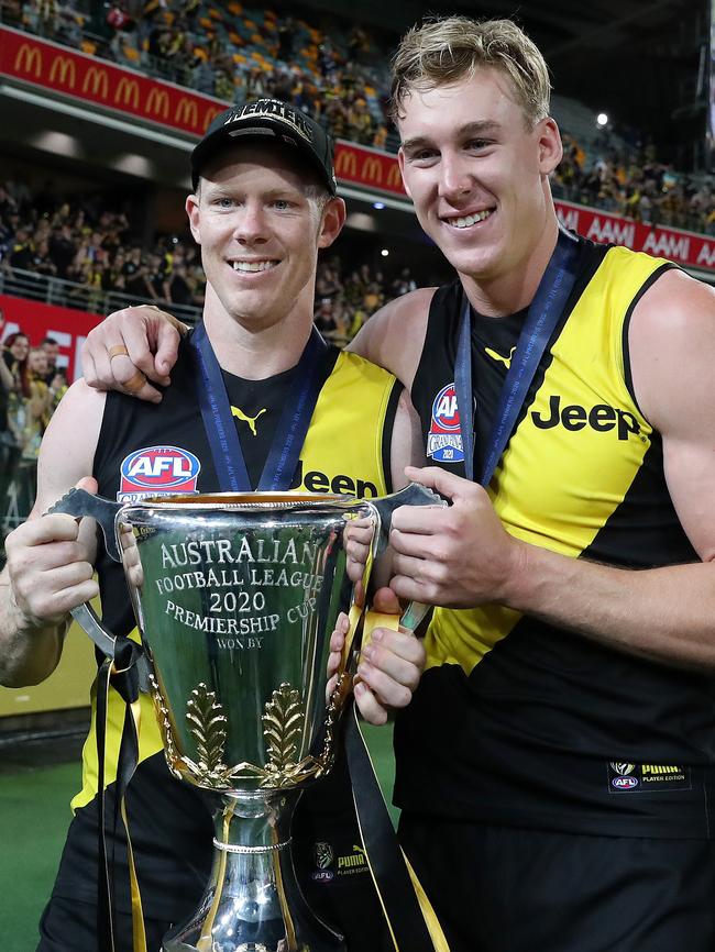 Jack Riewoldt and Tom Lynch enjoy another premiership. Picture: Sarah Reed