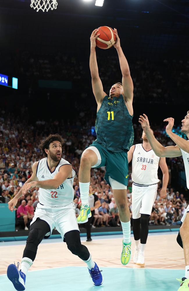 Dante Exum leaps towards the basket. Picture: Gregory Shamus/Getty Images