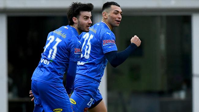 Liston Diaz (right) celebrates a goal for Avondale. Picture: Josh Chadwick