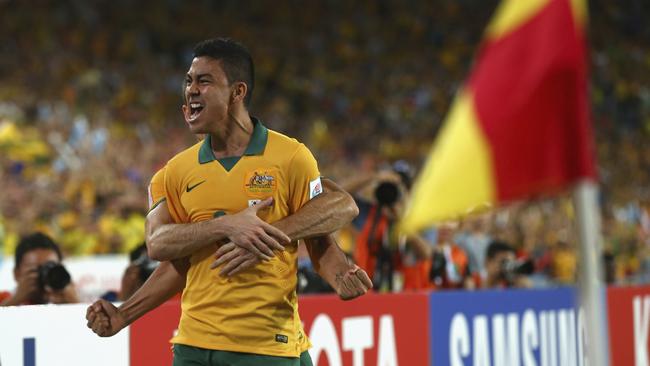 SYDNEY, AUSTRALIA - JANUARY 31: Massimo Luongo of Australia celebrates after scoring his teams first goal during the 2015 Asian Cup final match between Korea Republic and the Australian Socceroos at ANZ Stadium on January 31, 2015 in Sydney, Australia. (Photo by Ryan Pierse/Getty Images)