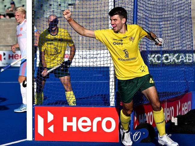 Davis Atkin celebrates a crucial goal for the Kookaburras against Netherlands. Picture: Saeed Khan/AFP