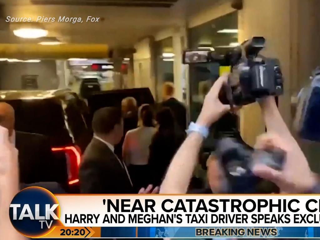 Prince Harry and Meghan Markle followed by paparazzi after leaving the Vision of Women Awards in New York City. Picture: Fox/Piers Morgan