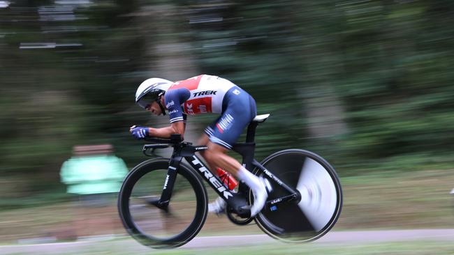 Porte at full throttle on the time trial bike during the 20th stage of the Tour de France — the 36km stage between Lure and La Planche des Belles Fille. Picture: AFP