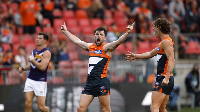 Giants Brent Daniels celebrates kicking a goal during the AFL Round 23 match between the GWS Giants and Fremantle Dockers at Engie Stadium on August 17, 2024. Photo by Phil Hillyard (Image Supplied for Editorial Use only – **NO ON SALES** – Â©Phil Hillyard )