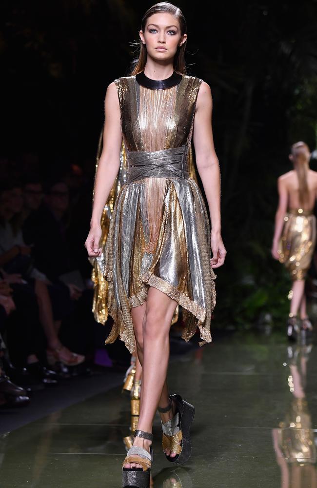 Gigi looks stunning in this metallic dress by Balmain. Picture: Pascal Le Segretain/Getty Images