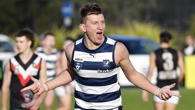 John Simson celebrates a goal in Saturday’s MPFNL Division 2 qualifying final at Rye. Picture: Andrew Batsch