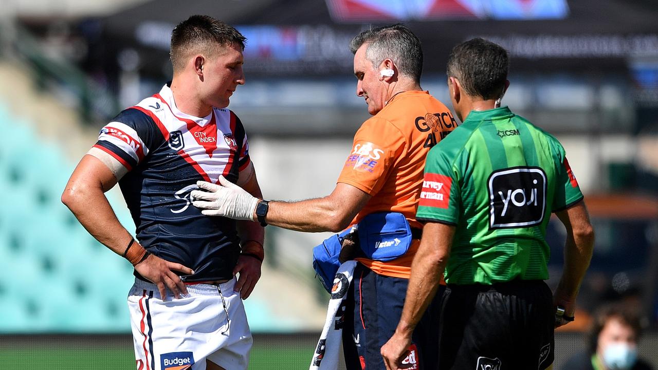 Victor Radley was ruled out of the Roosters’ match against the Knights by the Bunker after copping a knock in a tackle. Picture: NRL Photos