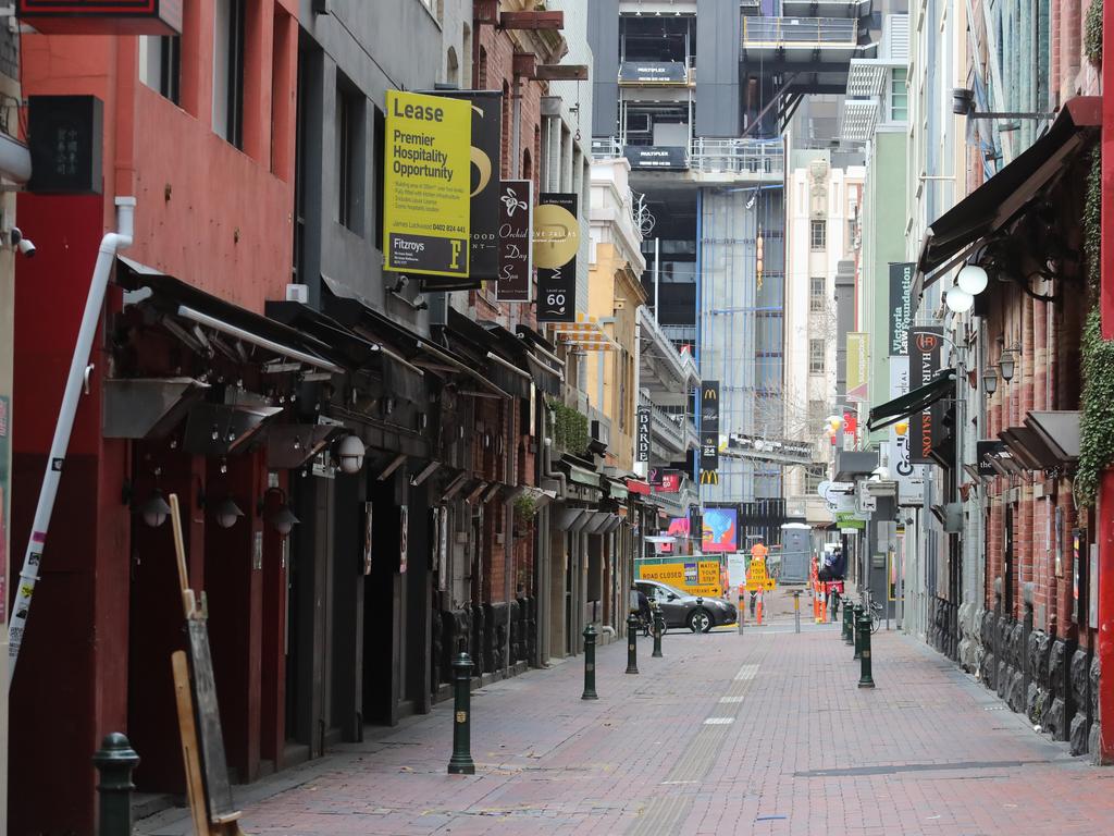 Fast food, cafe and restaurant businesses in Melbourne’s Hardware Lane (pictured) and Degraves St – now closed due to COVID-19 restrictions – were assessed by the Fair Work Ombudsman. Picture: Alex Coppel