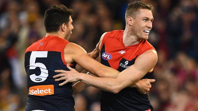 Christian Petracca and Tom McDonald celebrate a goal for the Demons. Picture: Getty Images