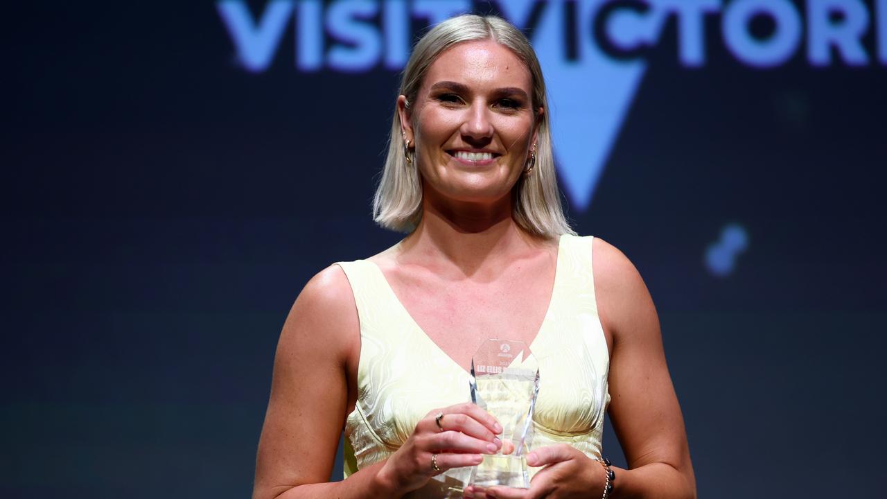 Courtney Bruce poses onstage after receiving the Liz Ellis Diamond award during the 2023 Australian Netball Awards at The Forum on November 25, 2023 in Melbourne, Australia. (Photo by Graham Denholm/Getty Images)