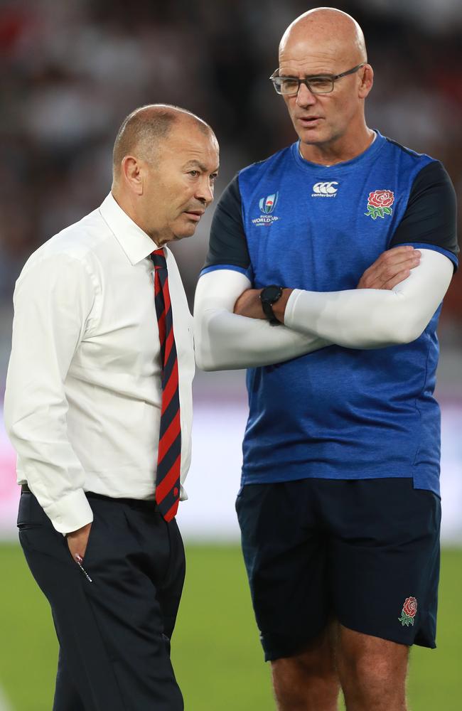 Eddie Jones and John Mitchell speak after beating the All Blacks in the 2019 Rugby World Cup semis. Things went awry leading into the decider against South Africa. Picture: David Rogers/Getty Images