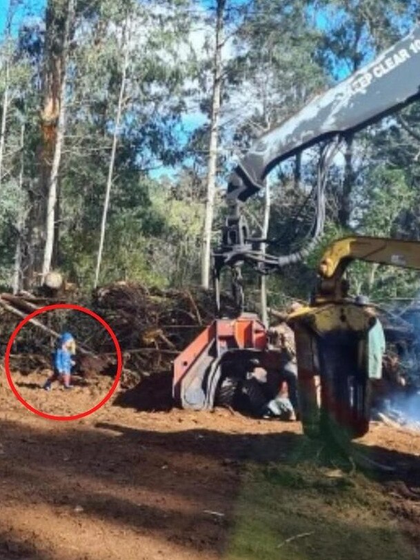 Photos obtained by the Herald Sun show a small child wandering alone near heavy forestry machinery on April 9